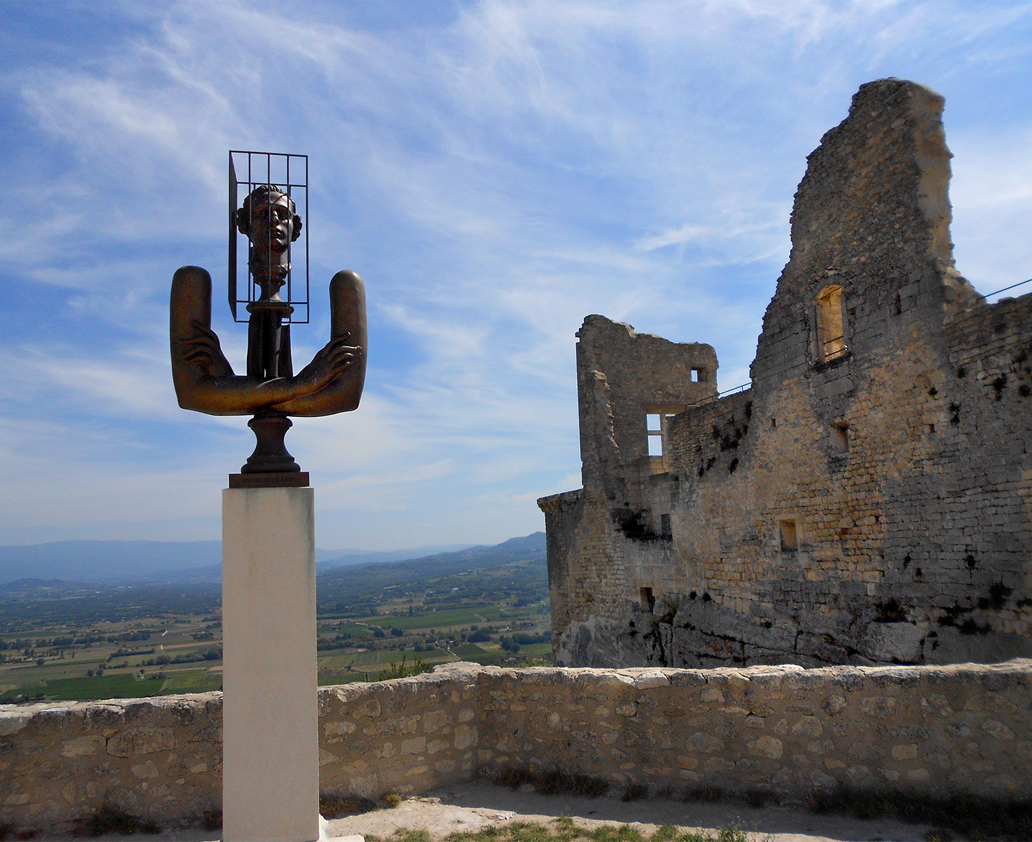 The monument to the Marquis de Sade ‘Captive of his own passions’ by Russian sculptor Alexander Bourganov. Lacoste castle, Provence, France.