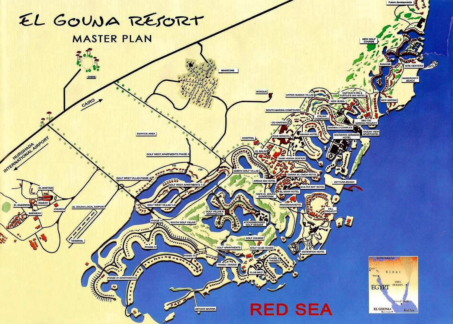 The plan of El Gouna resort, Red Sea, Egypt.